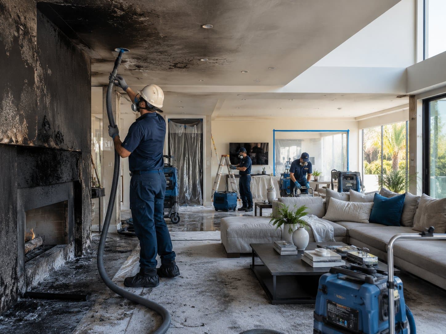 Restoration technician inspecting soot and smoke damage in a fire-damaged room