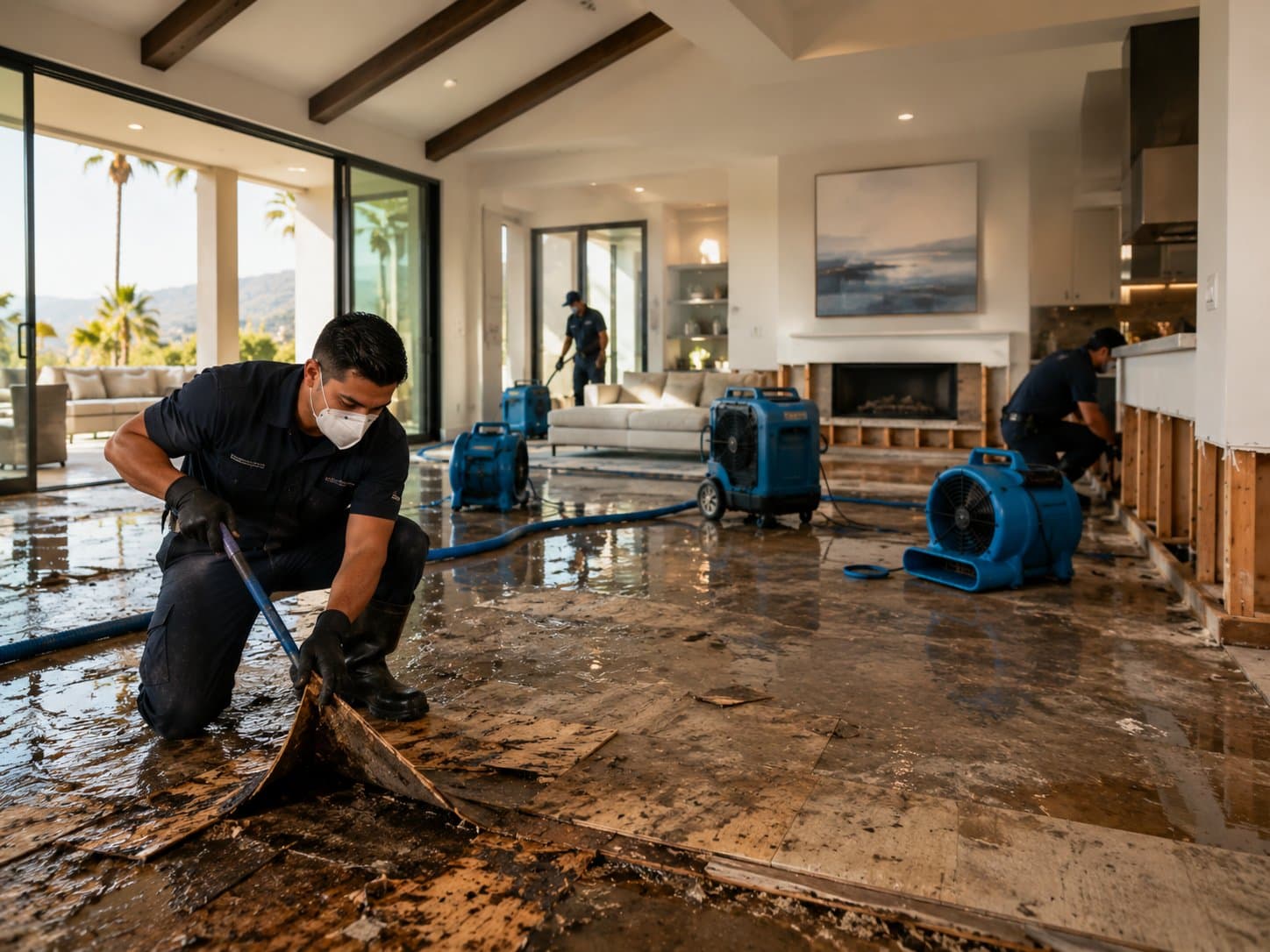 Restoration technician clearing water-damaged debris during flood damage cleanup