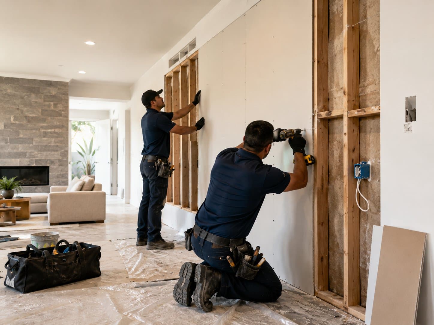 Technician repairing a wall during post-restoration reconstruction and rebuild