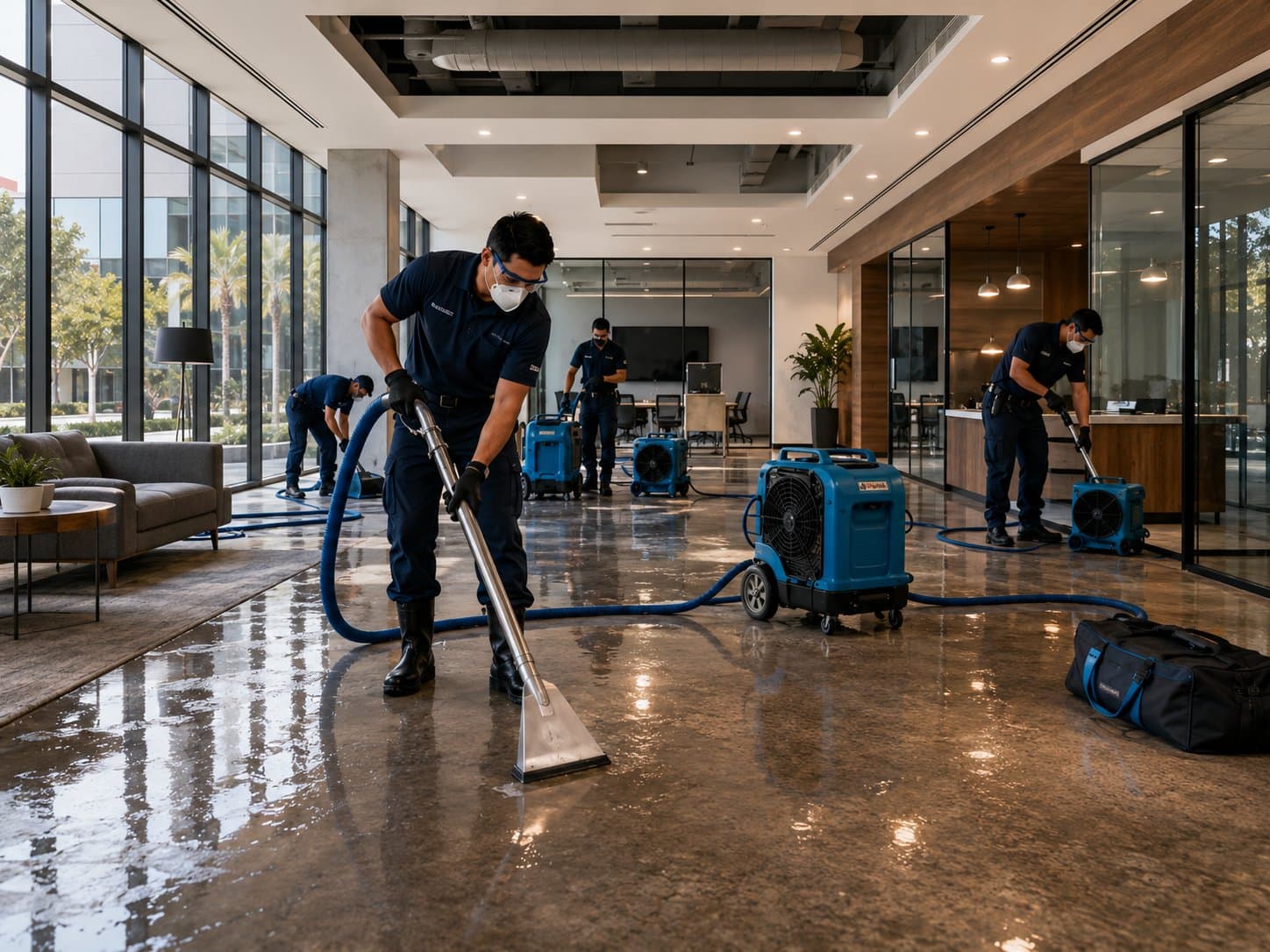 Technician extracting standing water from a flooded living room during emergency water damage restoration